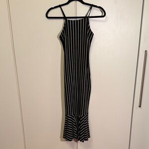 free press Black & White Striped Midi Dress with Ruffle Hem